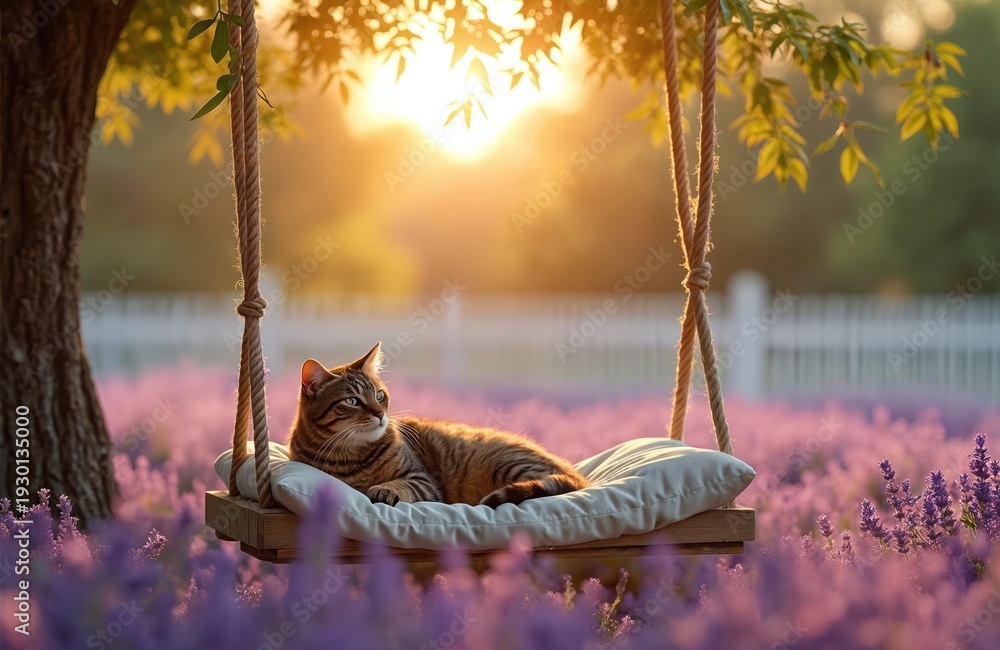 custom made wallpaper toronto digitalTabby cat rests on swing seat in lavender field during golden hour. Sunlight filters through tree leaves creating warm glow. Peaceful animal enjoys tranquil garden setting.