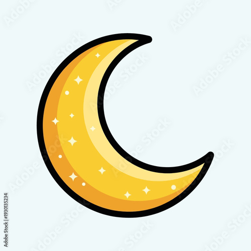 A stylized yellow crescent moon with sparkling details, outlined in black on a light background.