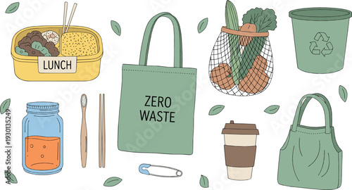 Zero waste lifestyle vector illustration set with reusable bags, lunch box, coffee cup and eco friendly essentials