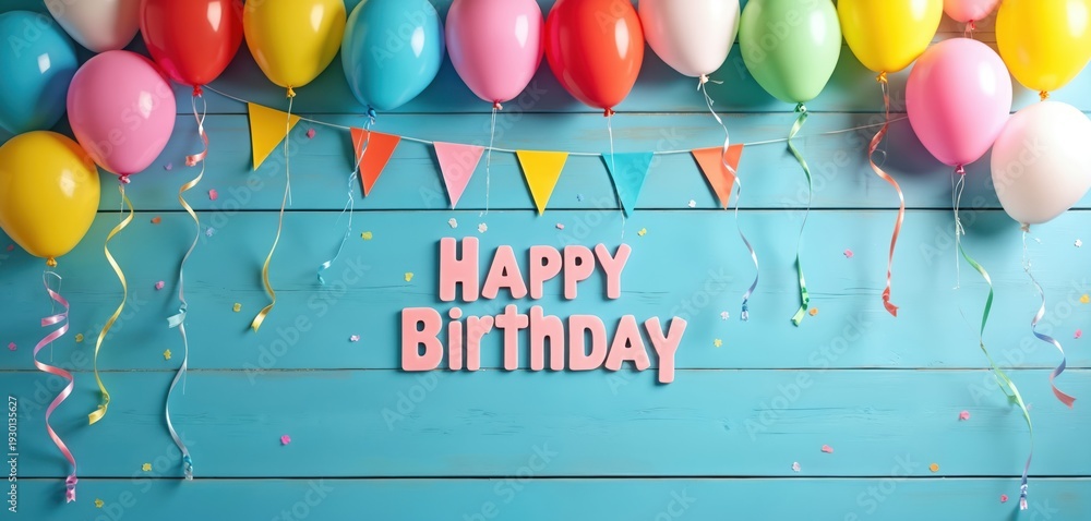 custom made wallpaper toronto digitalColorful balloons and festive flags adorn blue wooden background with Happy Birthday message. Confetti sprinkles add to celebratory mood, creating joyful party atmosphere for any special occasion.