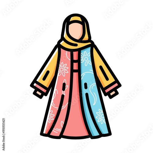 Colorful illustration of a woman wearing a traditional Islamic abaya and hijab with vibrant patterns.