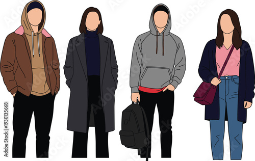 Modern casual winter outfits group with hoodies, long coats, backpack, cardigan and jeans, colorful flat vector fashion illustration set
