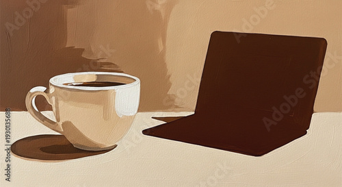 A minimalist composition featuring a warm cup of coffee beside an open laptop on a monochrome brown surface, suggesting work or study.