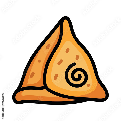 Cartoon illustration of a golden-brown triangular samosa with a swirl design, a popular fried pastry snack.