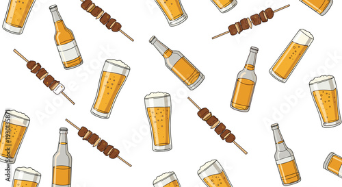 Seamless Beer and Yakitori Pattern with Bottles Glasses and Skewers, Japanese Izakaya Food Vector Background