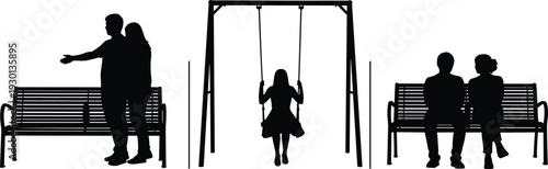 Park scene silhouettes with couple standing on bench, girl swinging on swing set, another couple sitting together, black vector illustration