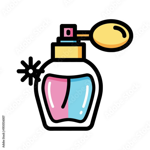 A colorful cartoon illustration of a perfume bottle with pink and blue liquid, a gold pump, and a decorative star on the side.