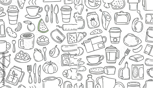 Hand Drawn Kitchen Doodle Vector Pattern with Food, Coffee Cups, Fruits and Cooking Utensils Illustration