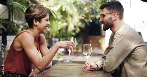Love, laugh or couple in bistro with wine, connection or bonding together on anniversary. Happy, partner or people in restaurant with alcohol, funny chat or romantic date in healthy relationship.