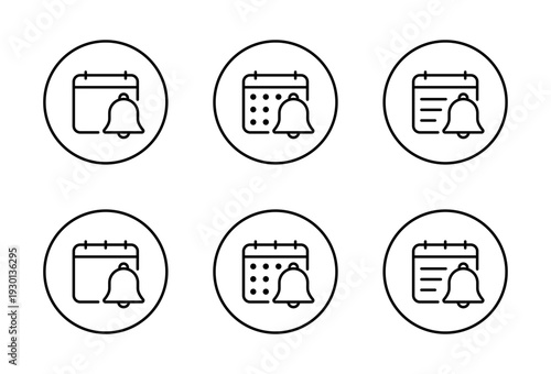 Calendar reminder alert icon set in circular outline. Schedule notification symbol. Date with bell sign