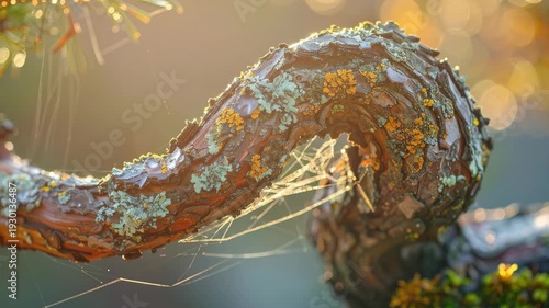 Close-up of a tree branch with spiderwebs and moss in sunlight.