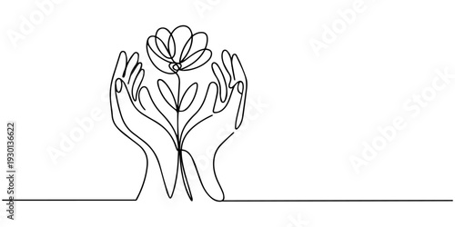 Nurturing Blossoms: A minimalist illustration of hands tenderly cradling a delicate flower, symbolizing care, growth, and the beauty of nature.