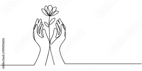 Nurturing Growth: A single continuous line drawing of hands cradling a delicate flower, symbolizing care, growth, and the tender touch of life.