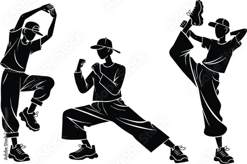 Silhouette martial arts athletes in dynamic poses of taekwondo and kickboxing training, energetic action