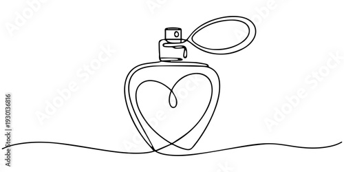 Elegant Perfume Outline: A minimalist line drawing showcases a perfume bottle designed with a heart shape, illustrating elegance and simplicity.