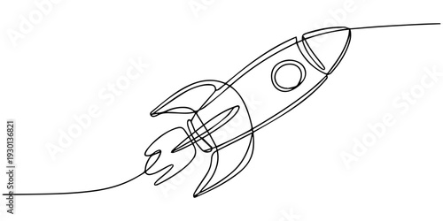 Single-Line Rocket Ascent: A minimalist illustration of a rocket soaring upwards, capturing the essence of progress, innovation, and reaching for the stars. 