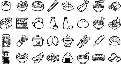 Collection of diverse asian food and drink icons for culinary and restaurant concepts
