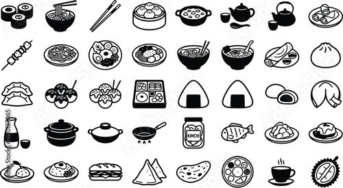 Collection of diverse Asian food and drink icons in a flat design style