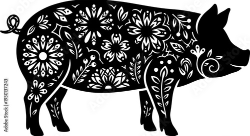Intricate Floral Pig Silhouette, Lunar New Year Zodiac Animal Vector