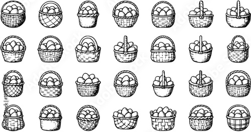 Hand-Drawn Easter Eggs Baskets Collection. Vintage Sketch Style Illustration Set for Holiday Designs and Farmhouse Decor.