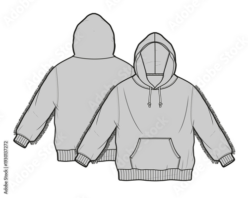 Boys kangaroo pocket hoodies design technical drawing by adobe illustrator.