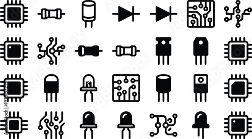 Collection of electronic components and circuit board icons isolated on transparent background