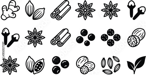 Collection of flat black icons representing various culinary spices and herbs isolated on transparent background