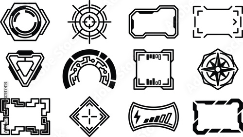 Collection of Futuristic Digital User Interface Elements and Geometric Shapes on Transparent Background