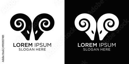 Versatile logo design featuring stylized ram horns or two goat head with lorem ipsum text, suitable for various business applications or restourant with lamb for main menu.