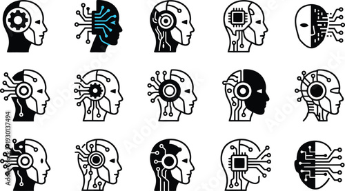 Collection of futuristic robotic head icons with circuit board elements and gears representing artificial intelligence concept