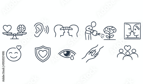 Collection of minimalist line art icons representing human senses and emotions
