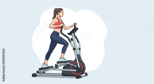 Young woman exercising on an elliptical trainer machine in a gym setting to improve her cardiovascular health and fitness levels.