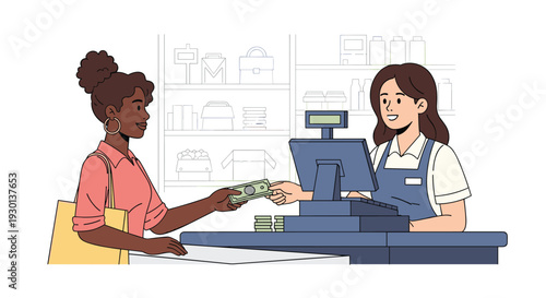 Woman paying with cash at a supermarket checkout counter while the shop assistant processes her purchase in a retail store environment.