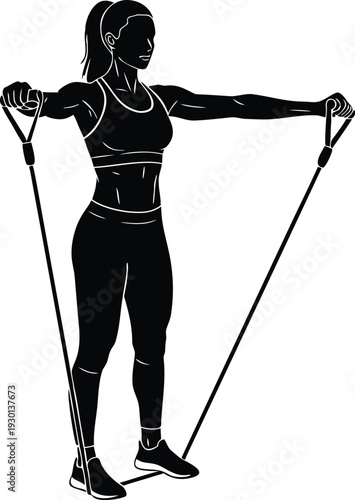 Silhouette of fit woman doing resistance band chest exercise in gym strength workout training