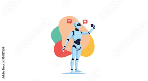 Advanced humanoid robot holding a smartphone to take a selfie while social media notifications and heart icons appear in the background.