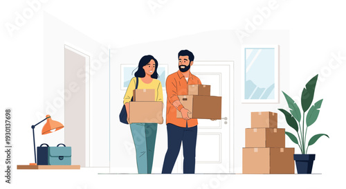 Happy young couple carrying cardboard boxes into their new apartment during a moving day to start their life together in a fresh home.