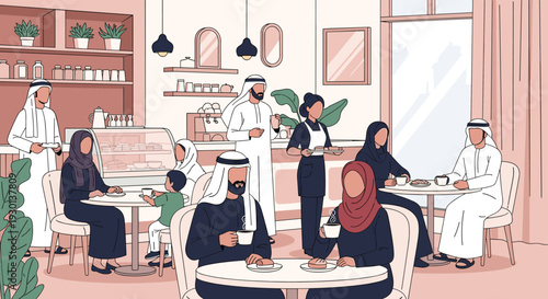 Busy traditional Arabic coffee shop interior with customers in traditional attire enjoying coffee and socializing in a warm atmosphere.