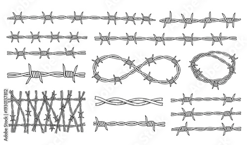 A collection of various barbed wire designs and illustrations