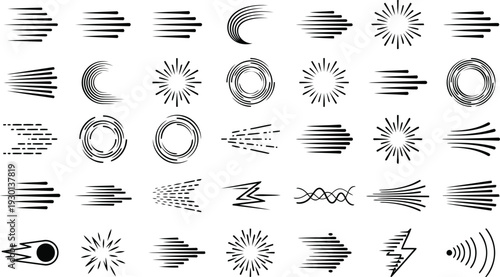 Collection of motion blur graphic elements representing speed and fast movement