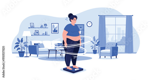 Concerned plus size woman standing on a weighing scale in her living room to check her weight and health progress.