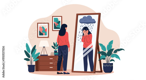 Sad woman looking into a mirror where her reflection shows a rain cloud over her head symbolizing depression and mental health issues.