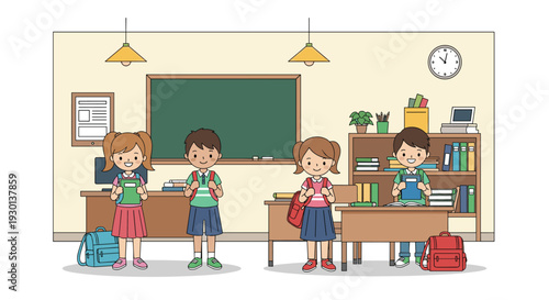 Group of diverse elementary school children standing in their classroom with books and backpacks ready for a new school day.