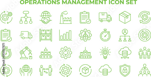 Collection of operations management icons representing business processes and logistics concepts