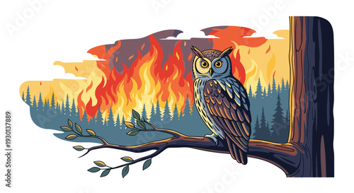 Wise owl perched on a tree branch watching a devastating forest fire burning the trees in the background with smoke and flames.