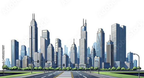 Wide urban road leading towards a majestic city skyline with numerous skyscrapers under a bright and clear blue sky.