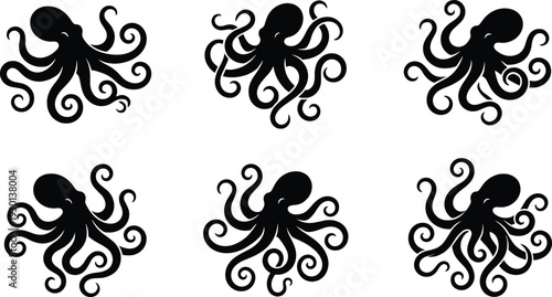 Octopus silhouette set, marine cephalopod tentacles collection, underwater sea life vector outlines, aquatic animal icons for nautical graphic design projects on white background