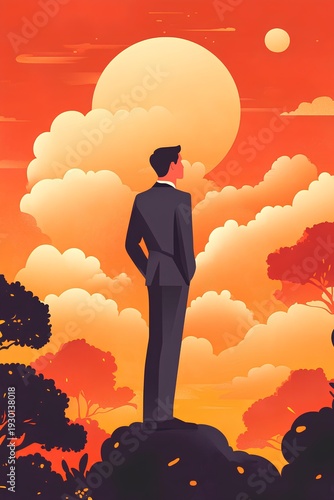 Businessman standing on the top of the mountain