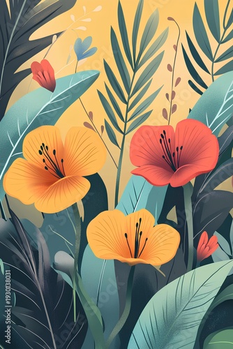 Floral background with tropical plants and flowers. illustration in retro style.