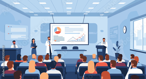 Doctors and medical professionals attending a conference where speakers present data and charts on a large screen in a hall.