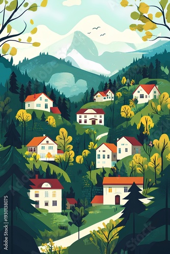 illustration of a village in the mountains. Cottage in nature.